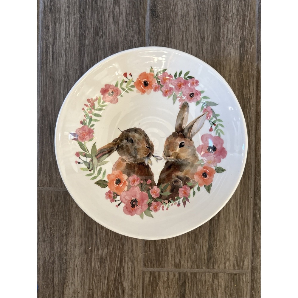 Ceramica Cuore Bowl Two Rabbits Wreath Made In Italy 8.75"